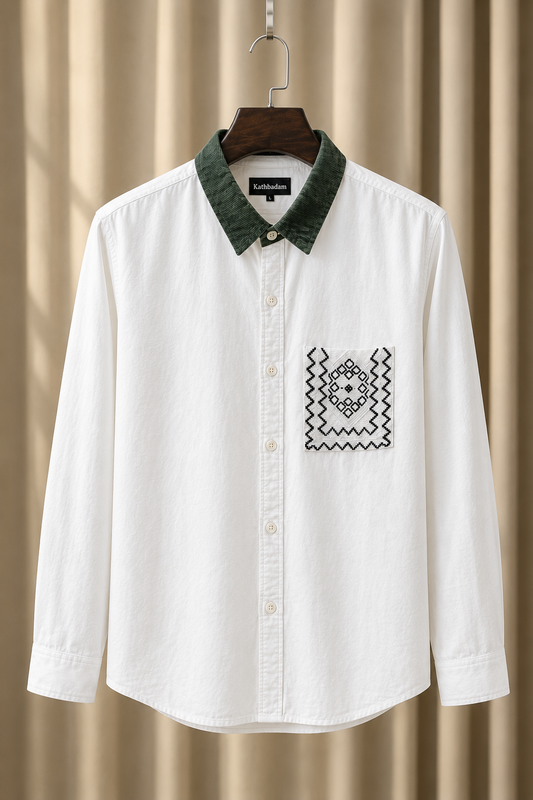 Men’s White Full Sleeve Shirt with Green Collar