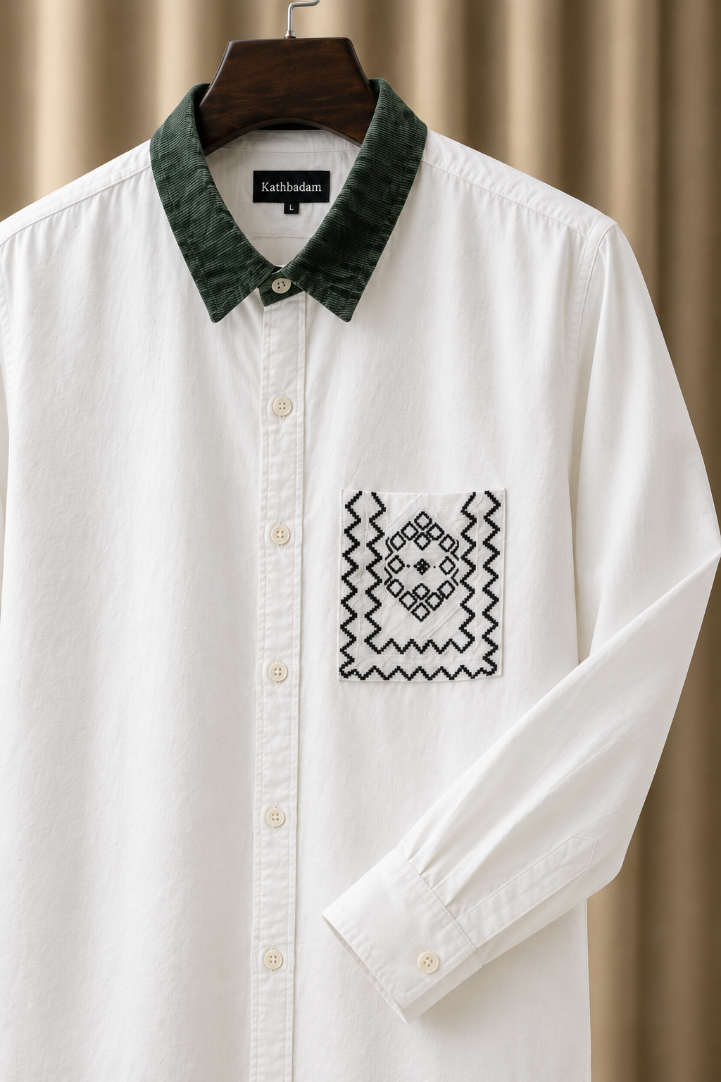 Men’s White Full Sleeve Shirt with Green Collar