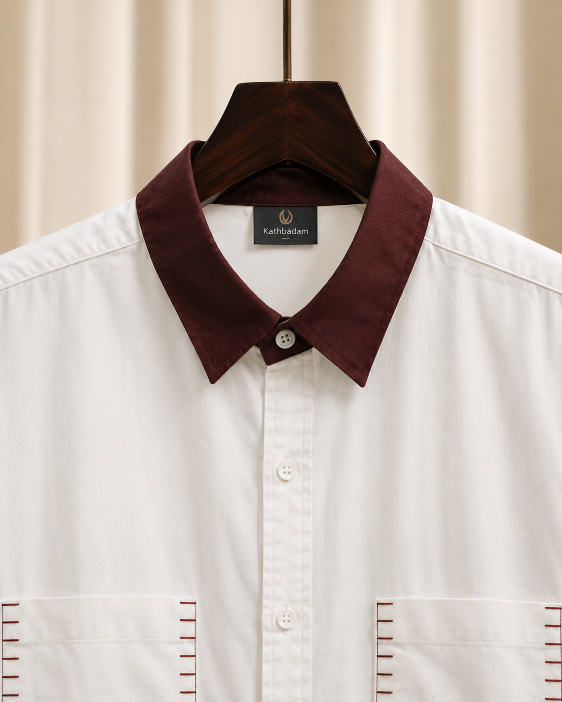 Men’s White Dual Pocket Full Sleeve Shirt with Maroon Collar
