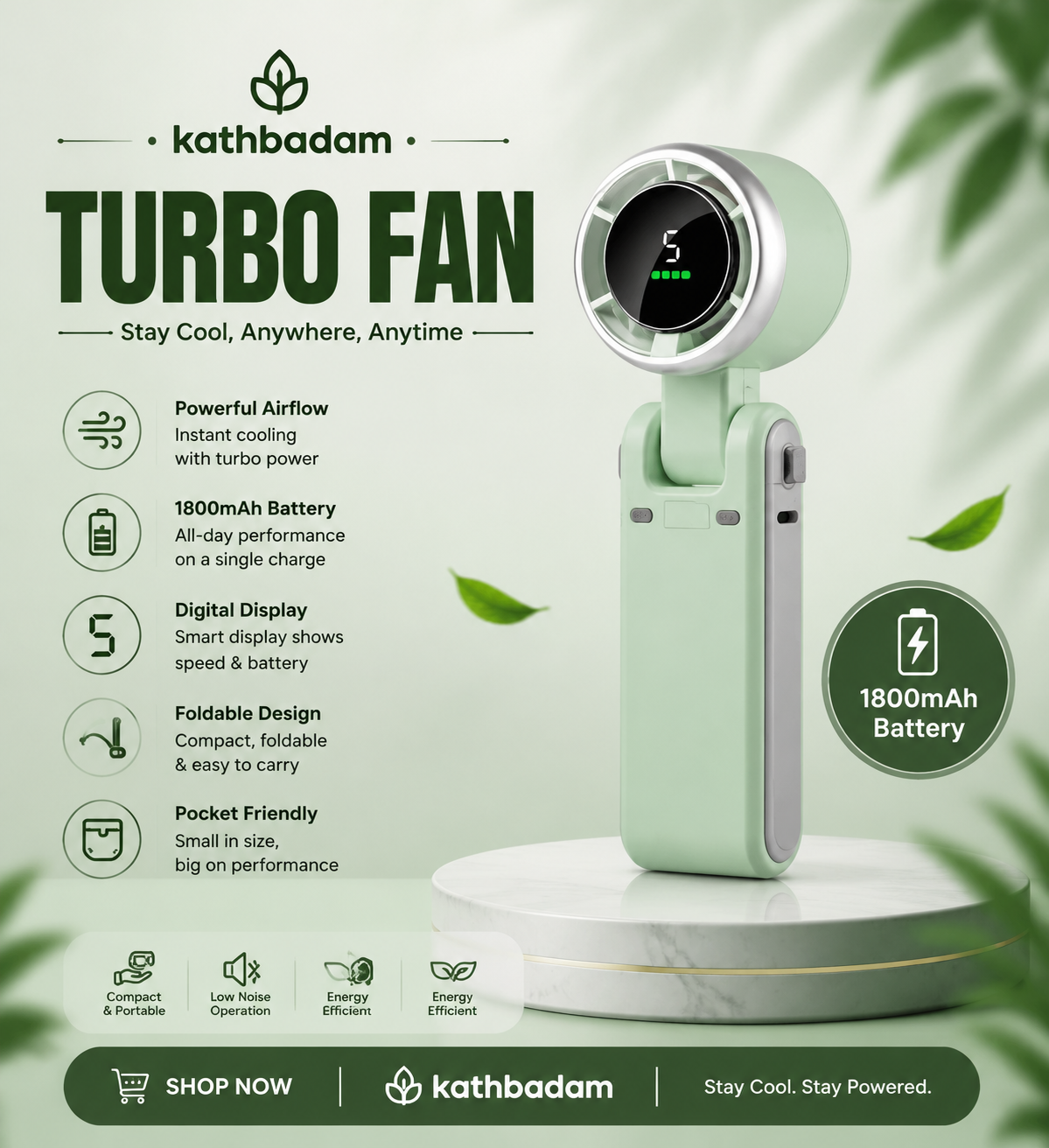 Portable Mini Turbo Fan – 5-Speed, 1800mAh Battery, USB-C Rechargeable