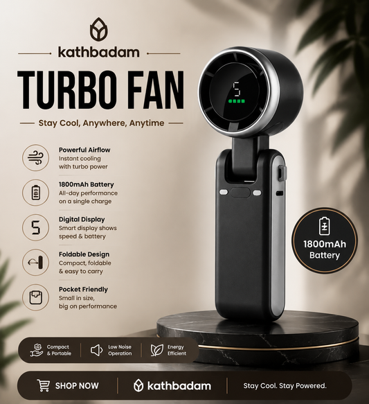 Portable Mini Turbo Fan – 5-Speed, 1800mAh Battery, USB-C Rechargeable