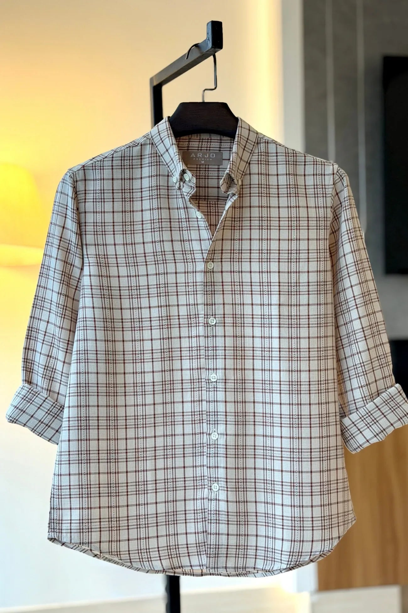 Light Beige With Burgundy Check Shirt
