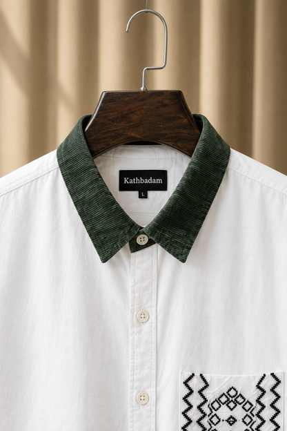 Men’s White Full Sleeve Shirt with Green Collar