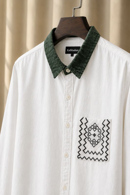 Men’s White Full Sleeve Shirt with Green Collar