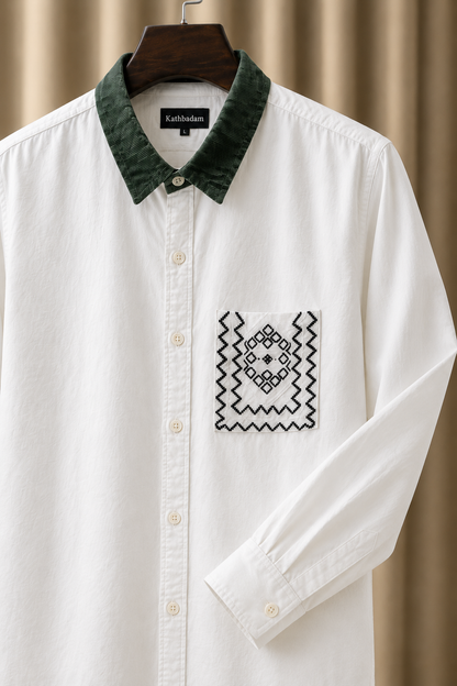Men’s White Full Sleeve Shirt with Green Collar
