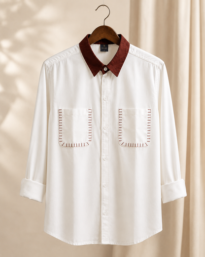 Men’s White Dual Pocket Full Sleeve Shirt with Maroon Collar