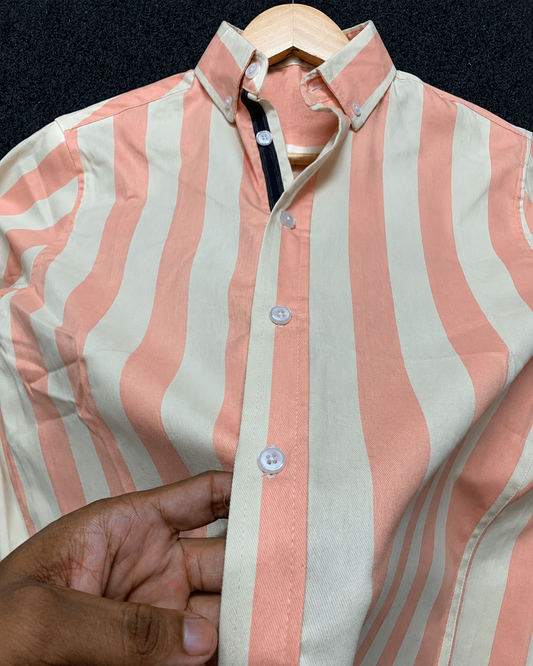 Men’s Peach & Off-White Striped Full Sleeve Shirt