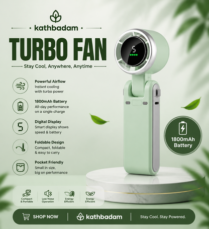 Portable Mini Turbo Fan – 5-Speed, 1800mAh Battery, USB-C Rechargeable