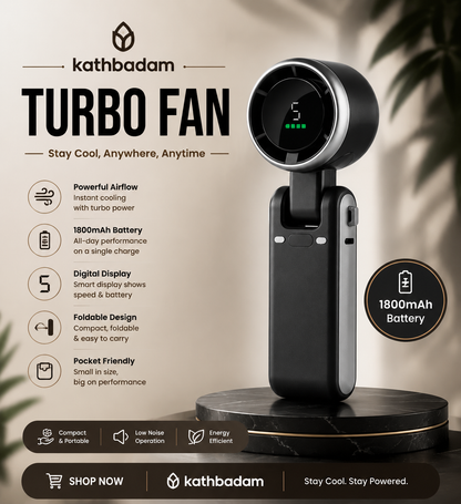 Portable Mini Turbo Fan – 5-Speed, 1800mAh Battery, USB-C Rechargeable