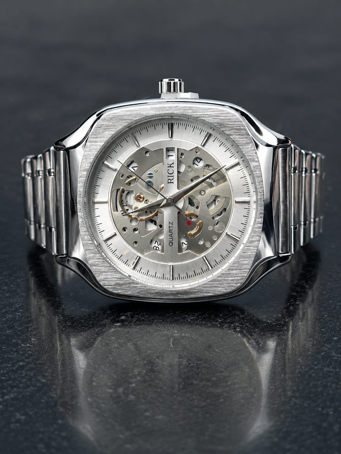 Rick Premium Luxury Skeleton Dial Silver Metal Chain Watch for Men
