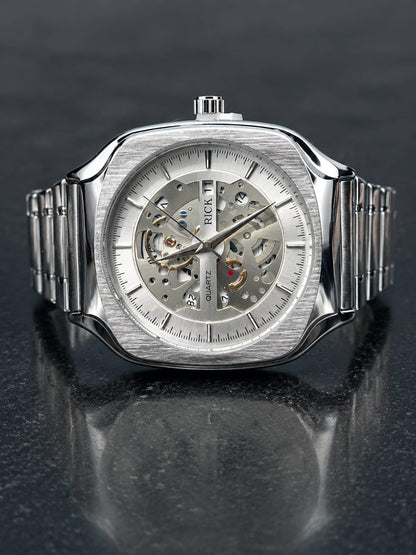 Rick Premium Luxury Skeleton Dial Silver Metal Chain Watch for Men