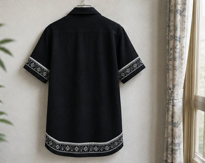 Men’s Black Geometric Border Printed Short Sleeve Shirt