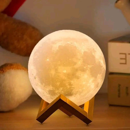 3D Moon Lamp with Wooden Stand – Warm Light Decorative Night Lamp