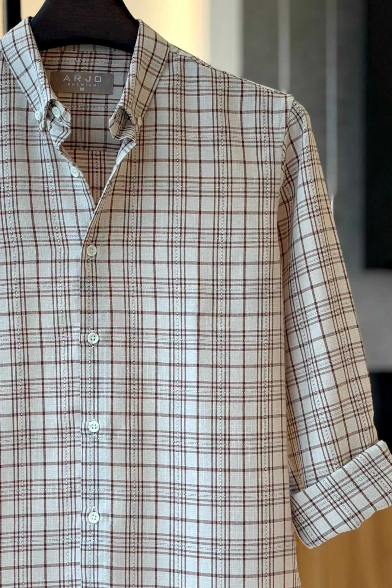 Light Beige With Burgundy Check Shirt